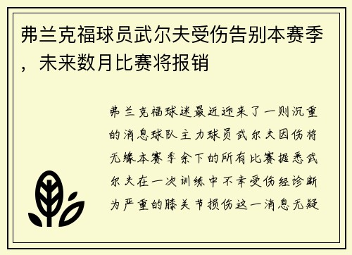 弗兰克福球员武尔夫受伤告别本赛季，未来数月比赛将报销