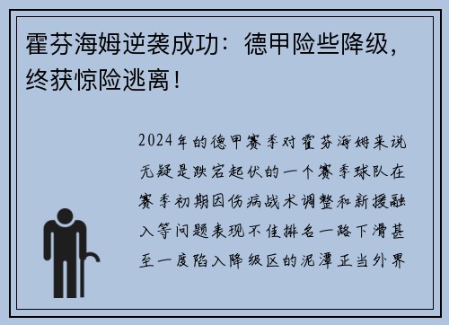 霍芬海姆逆袭成功：德甲险些降级，终获惊险逃离！