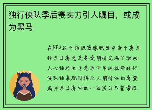 独行侠队季后赛实力引人瞩目，或成为黑马