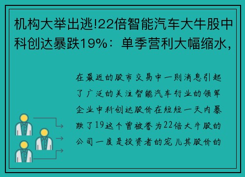 机构大举出逃!22倍智能汽车大牛股中科创达暴跌19%：单季营利大幅缩水，未来路在何方？