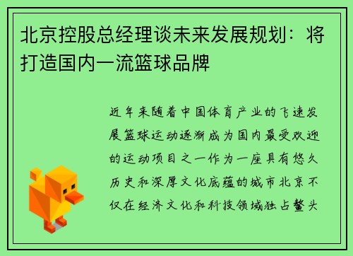 北京控股总经理谈未来发展规划：将打造国内一流篮球品牌