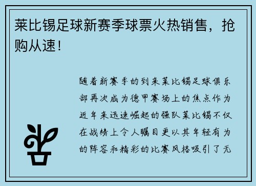 莱比锡足球新赛季球票火热销售，抢购从速！