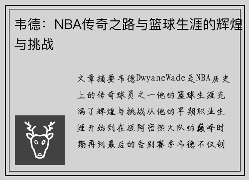 韦德：NBA传奇之路与篮球生涯的辉煌与挑战