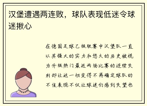 汉堡遭遇两连败，球队表现低迷令球迷揪心