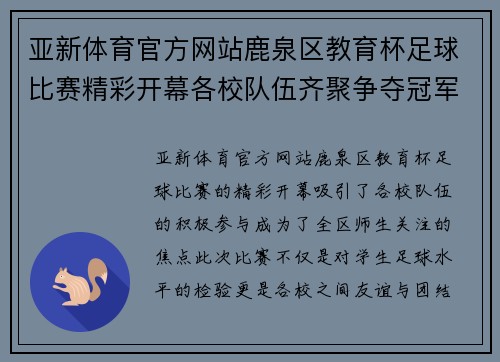 亚新体育官方网站鹿泉区教育杯足球比赛精彩开幕各校队伍齐聚争夺冠军荣耀