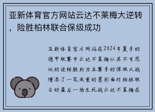 亚新体育官方网站云达不莱梅大逆转，险胜柏林联合保级成功